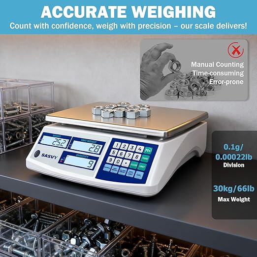 Counting Scale (66lb/30kg, 0.1g) lb/oz/kg/g Industrial Digital Inventory Scale with Battery for Small Parts, Coins, Pieces, Tickets
