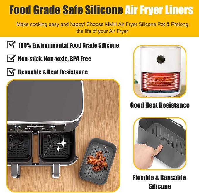 MMH 100Pcs Air Fryer Disposable Liners+ 2Pcs Silicone Liners Sets for Ninja DZ401/DZ550/SL401 10Qt, Rectangular Air Fryer Inserts Accessories for Cosori 9QT Dual Basket, Parchment Paper Liners