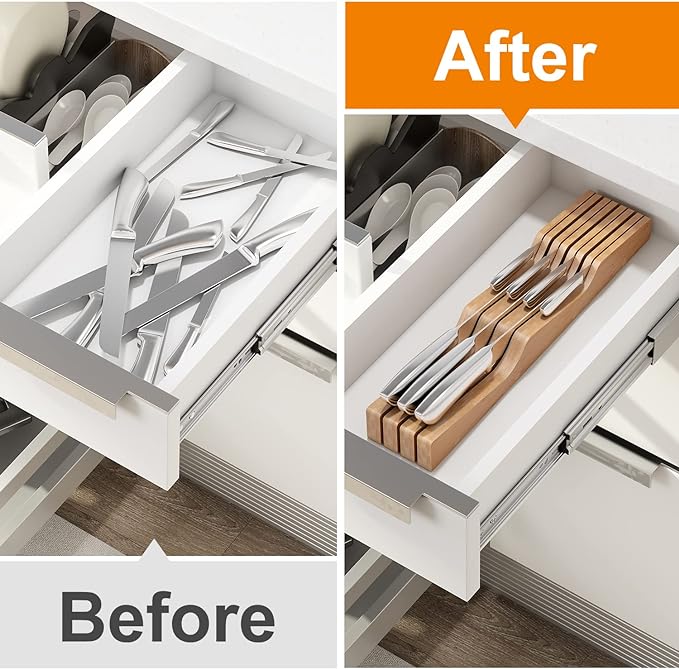 In-Drawer Knife Block Organizer - Bamboo Wood Drawer Knife Organizer-Protecting Knife Organizer Block (Not Included) (Natural, 7 Knives Dock)