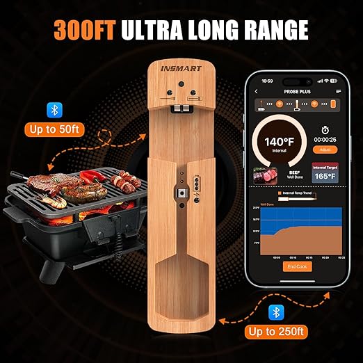 INSMART Wireless Smart Meat Thermometer,330FT Bluetooth Range,100% Waterproof,Precision Cooking Grilling,Multi Sensors,for BBQ,Oven,Grill,Kitchen,Smoker, Rotisserie Turkey Beef (Wood)