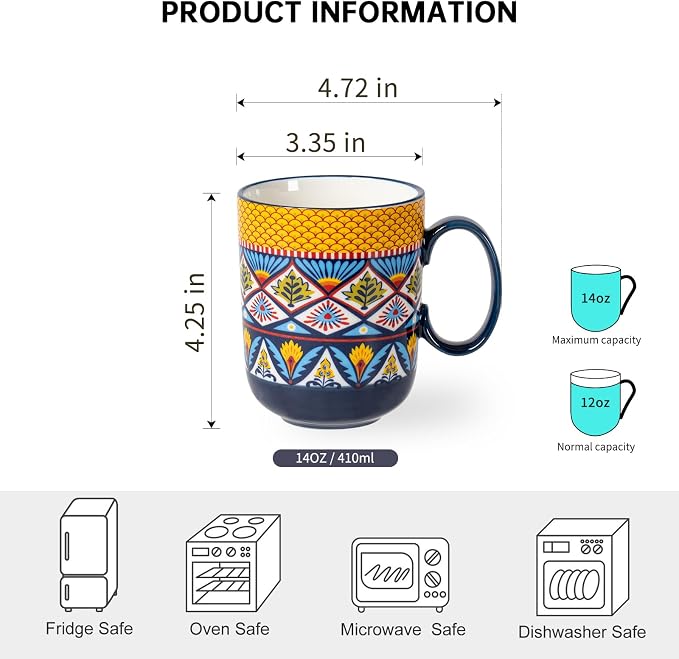 HENXFEN LEAD Boho Ceramic Coffee Mugs Set of 6, 14 oz Colorful Cups for Tea, Latte & Hot Chocolate – Microwave & Dishwasher Safe