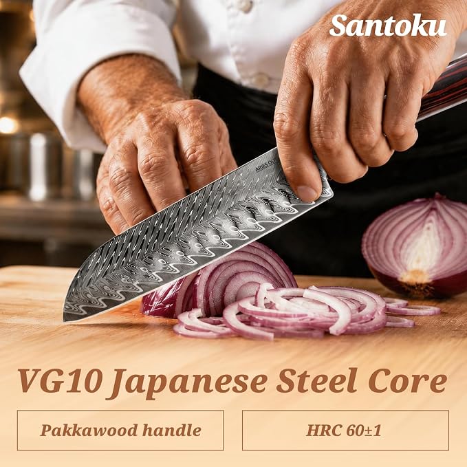 VG10 HPS 3 Piece Japanese Chef Knife Set, Damascus Kitchen Knives with VG10 Steel Core, Essential Chef Knives Set with Pakka Wood Handle for Daily Cooking