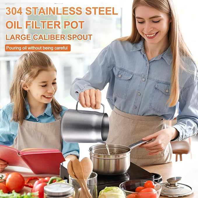 68oz Stainless Steel Oil Filter Pot, Multifunctional 2 in 1 Oil Strainer Pot for Camping, Large Capacity Bacon Grease Saver with Strainer, Kitchen Cooking Oil Container, Mini Deep Fryer with Basket