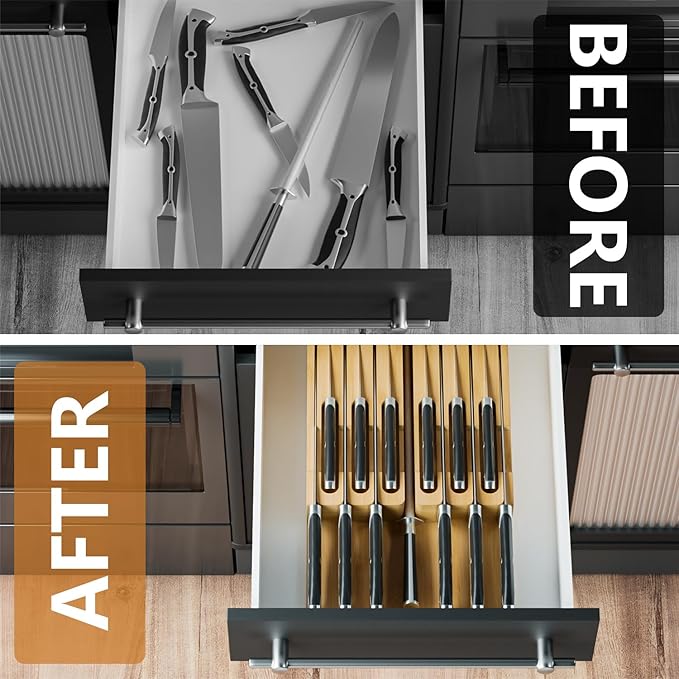Domax Bamboo In-Drawer Knife Block - Kitchen Drawer Organizer Insert, Steak Knife Holder without Knives, Fits 12 Knives and 1 Sharpening Steel (Not Included), Natural