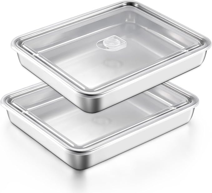 E-far Lasagna Pans with Lids, Stainless Steel Rectangular Cake Baking Pan w/Cover, 12⅓x9¾x2" Brownie Casserole Oven Tray Sheet, Heavy Duty Metal Bakeware, Anti-Rust & Dishwasher Safe, Set of 2