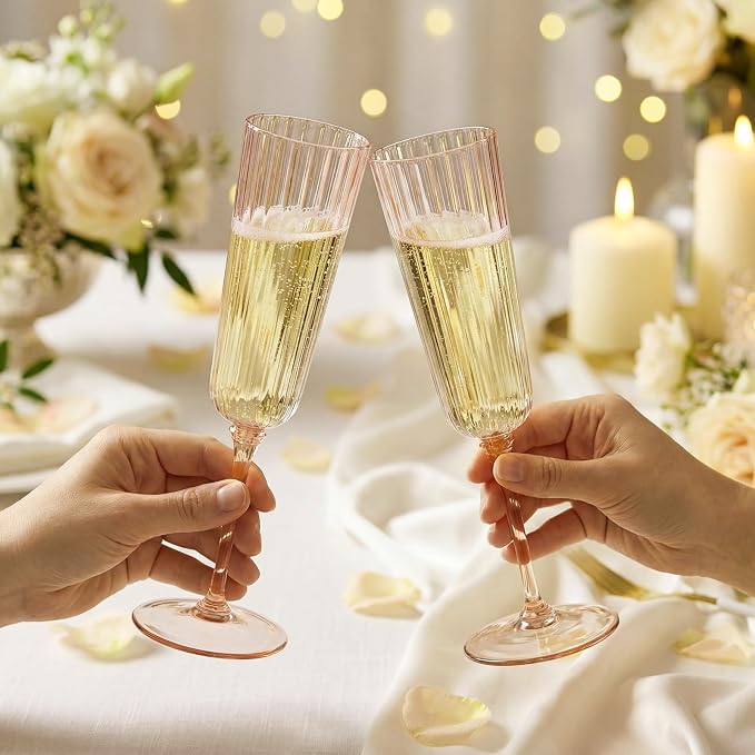 Jingmore 24 Pcs Plastic Ribbed Champagne Flutes With Stem, 6.4 oz Clear Vintage Disposable Vintage Glasses for Wedding Birthday Anniversary (Champagne Power)