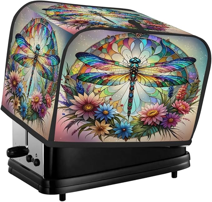 Glass Dragonfly Colorful 4 Slice Toaster Cover Dust And Fingerprint Bread Maker Cover Bakeware Protector Washable Appliance Covers Kitchen Accessories For Home Kitchen Women Gift