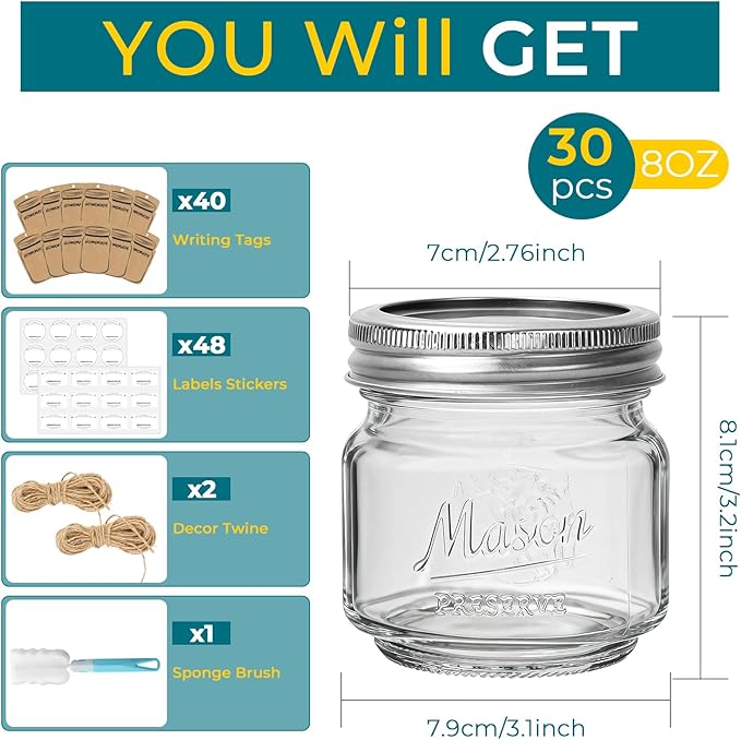 CycleMore Mason Jars 8 oz, 30 Pack Small Canning Jars with Airtight Metal Lids, Embossed Design Glass Storage Jars, 1/4 Quart Jars for Canning, Pickling, Preserving, Jam, Honey, DIY Decor, Gifts