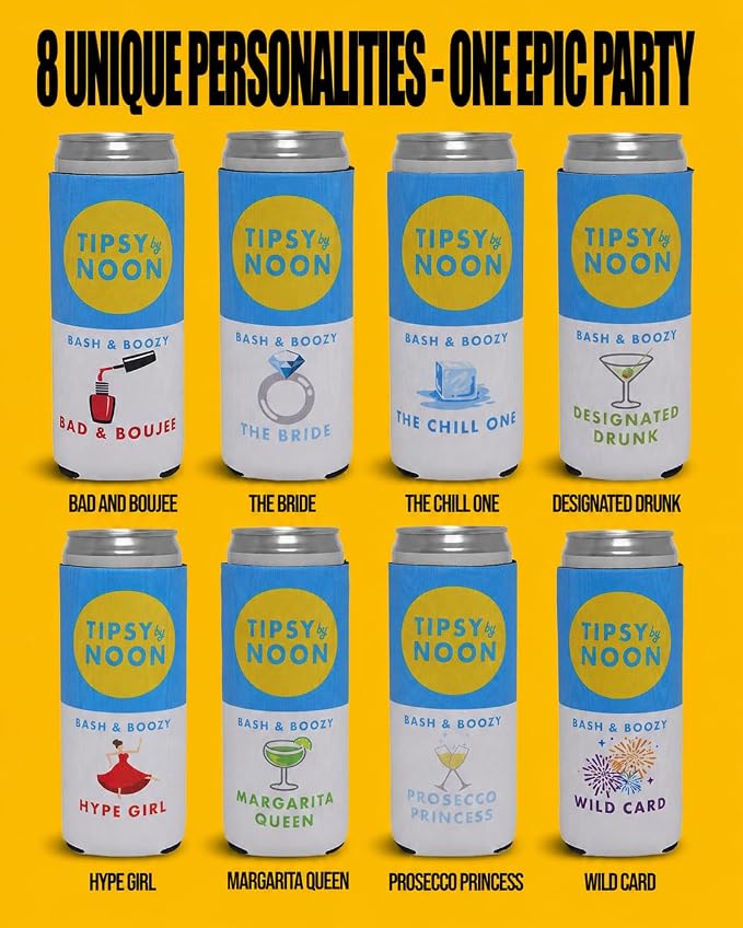 Funky Junque Bachelorette Party Favors Slim Can Cooler, Funny Bridesmaid & Bride Gifts for Girls Trip, Bridal Shower Decorations & Accessories, 12 oz Skinny Can Covers - Tipsy by Noon - 8 Pack