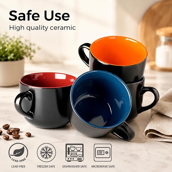 AmorArc 24 oz Soup Mugs with Handles, Jumbo Ceramic Bowls Mugs Set with handles for Coffee Cereal Cappuccino Snacks, Microwave&Dishwasher safe Soup Cups for Meal-Multicolor