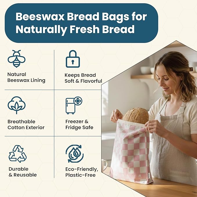 3-Pack Reusable Beeswax Bread Bags (XL, M, S) - Organic Cotton Beeswax Bread Storage Bag for Homemade Bread & Sourdough Freezer-Safe, Breathable & Freshness Support - Eco-Friendly Bread Bag