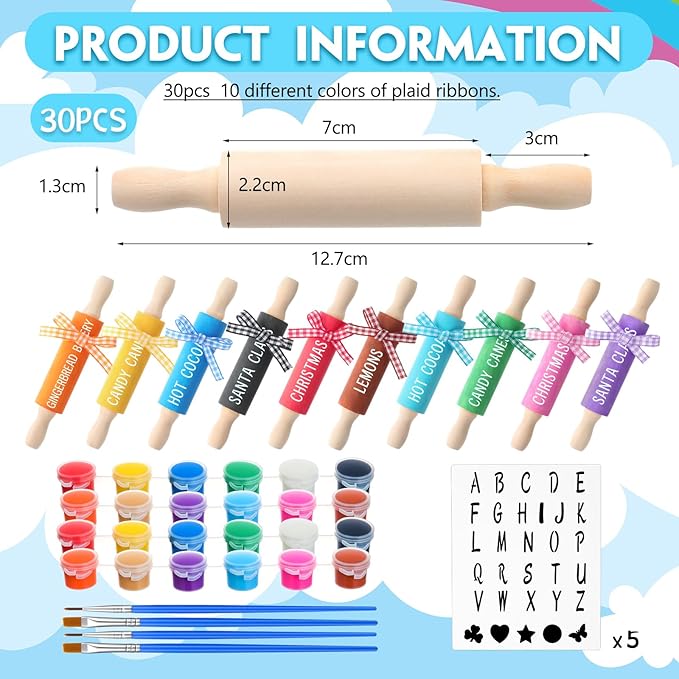 DoubleFill 30 Pack Mini Rolling Pin for Crafts, Small Wooden Dough Rollers with Plaid Ribbon Paint Brush Template Cards for New Year, Spring Party Presents, Tray Decorative, Kitchen Baking(5 Inches)