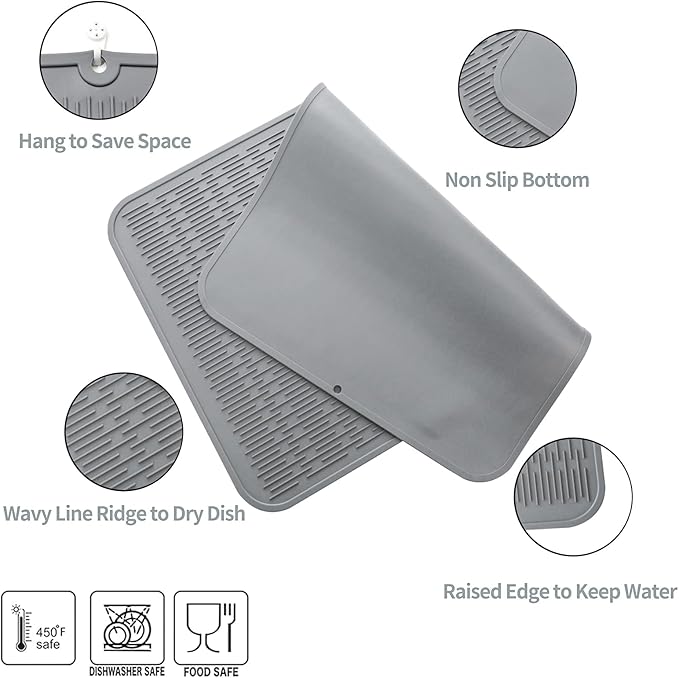 MicoYang Silicone Dish Drying Mat for Multiple Usage,Easy clean,Eco-friendly,Heat-resistant Silicone Mat for Kitchen Counter or Sink,Refrigerator or Drawer Liner Grey 4XL 32 inches x 18 inches