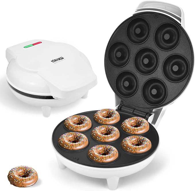 DSP Mini Donut Maker - Non-Stick, 7 Donuts, Cool-Touch | Quick 3-Min Baking, Indicator Lights, Easy Wipe-Clean, Breakfast/Snacks/Desserts