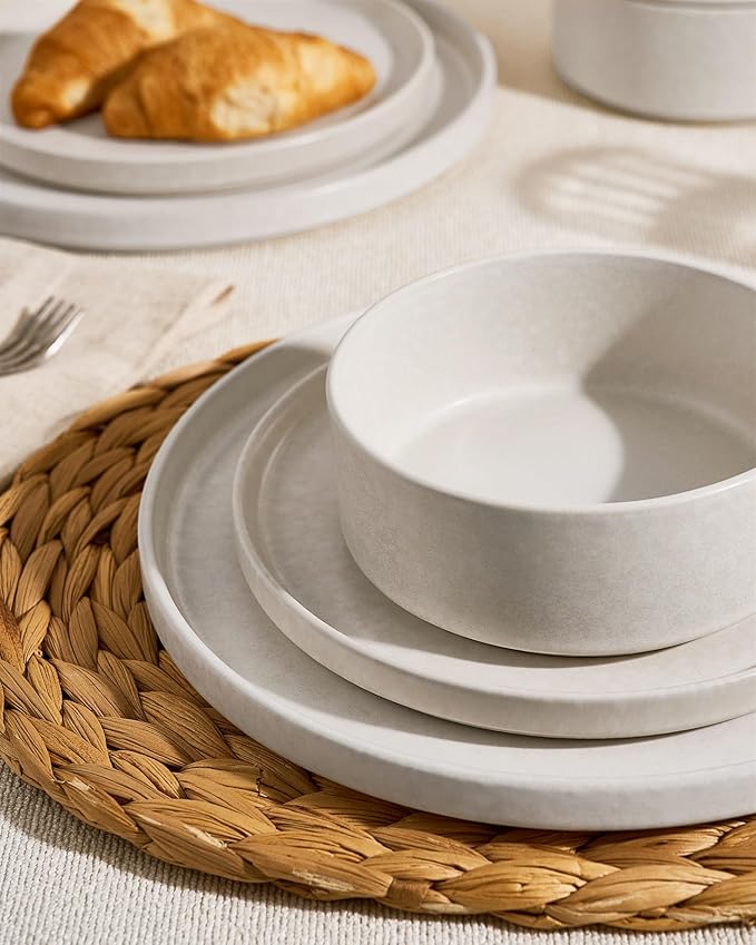 Famiware Nebula Plates and Bowls Sets, 18 Pieces Stoneware Dinnerware Sets, Reactive Glaze Dish Set, Dishes Set for 6, Matte Beige White
