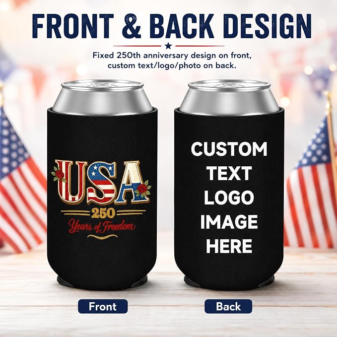 150 Pcs Custom 4th of July American Can Cooler Sleeves, 250th Anniversary USA Patriotic Neoprene Drink Holder for Memorial Day Independence Day Party Favors Decorations Gifts