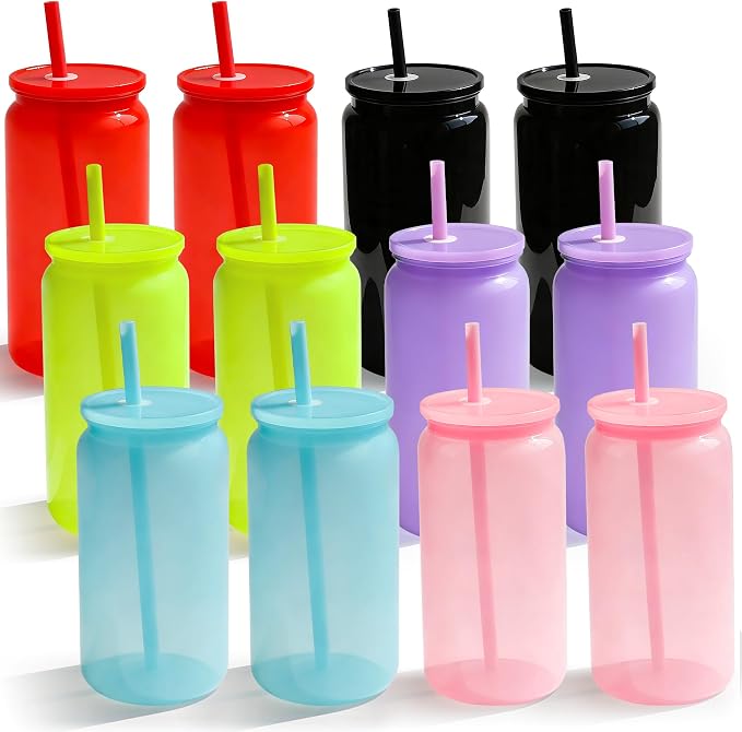 12 Pack Plastic Cups Reusable with Lids and Straws, 16 oz Acrylic Mason Jars Iced Coffee Cups Unbreakable Drinking Glasses for Poolside, Party Giveaways, Park Picnic, Jelly Color