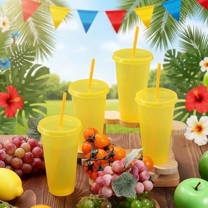 Honeydak 15 Pack Tumbler with Straw and Lid Bulk Cups for Gifts Glitter Plastic Coffee Cups 24-27 oz Reusable Water Bottle Iced Coffee Travel Mug Party Favors for Birthdays Travel (Yellow)