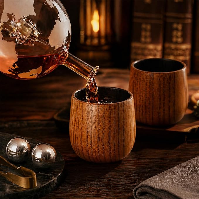 GENUINED 30oz Globe Whiskey Decanter Sets with 11oz Charred Wooden Whiskey Glass(2), Gifts for Men
