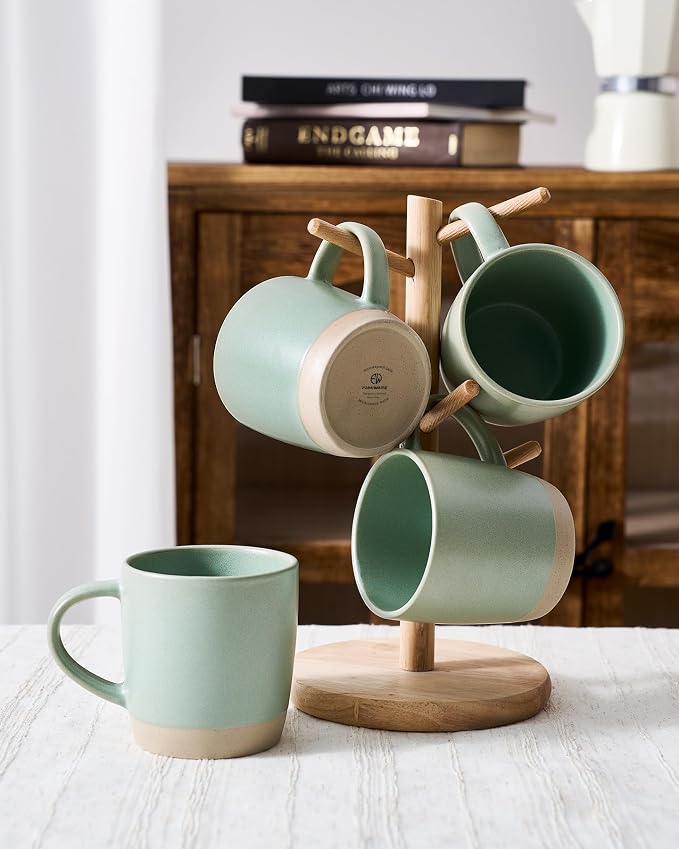 famiware Coffee Mugs Set of 8, Milkyway 13 oz Mug Set, Ceramic Cup Set with Handle for Coffee, Tea, Cocoa, Milk, Light Green