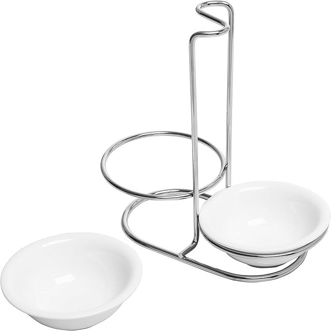 MyGift Set of 2 Ceramic Spoon Rest, Upright Ladle Holder Ceramic Dish with Silver Stainless Steel Rack