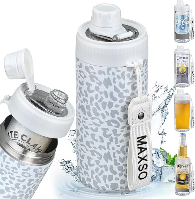 MAXSO Sealed Can Cooler Fizz Lid Can Cover for 12 oz Regular, Slim Skinny Cans & As Thermal Bottle, 4-in-1 Insulated Vacuum Stainless Steel Carbonated Cold Drink Holder - Leopard