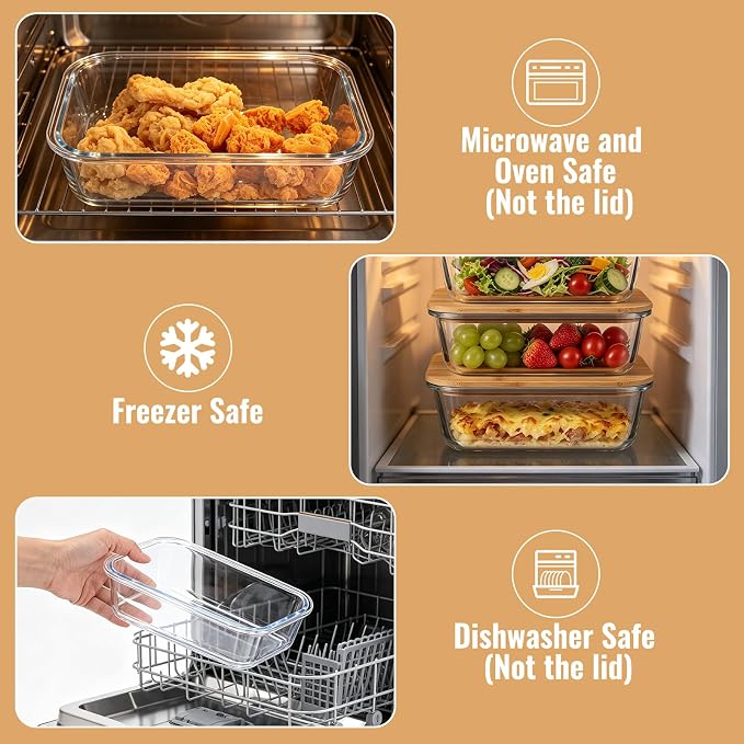 6 Pack Glass Food Storage Containers with Bamboo Lids, Stackable Meal Prep Containers, Clear Airtight Glass Bowls for Microwave, Oven, Freezer & Dishwasher Safe