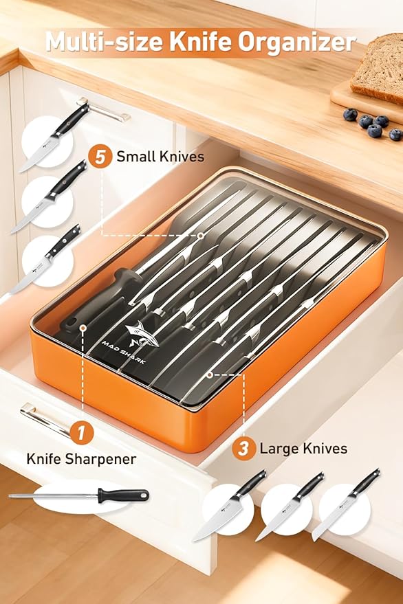 MAD SHARK 2-in-1 Detachable Knife Block & Silverware Organizer, Drawer Knife Holder for 10 Knives, BPA-Free, Blade-Safe Slots, Save Counter Space, Kitchen Drawer or Counter Storage, No Knives