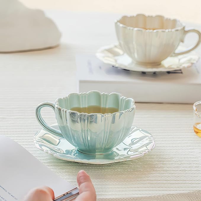 amokk Porcelain Coffee Mugs Flower Shaped Tea Cup and Saucer Set for Housewarming Gift Home Decor (Blue)