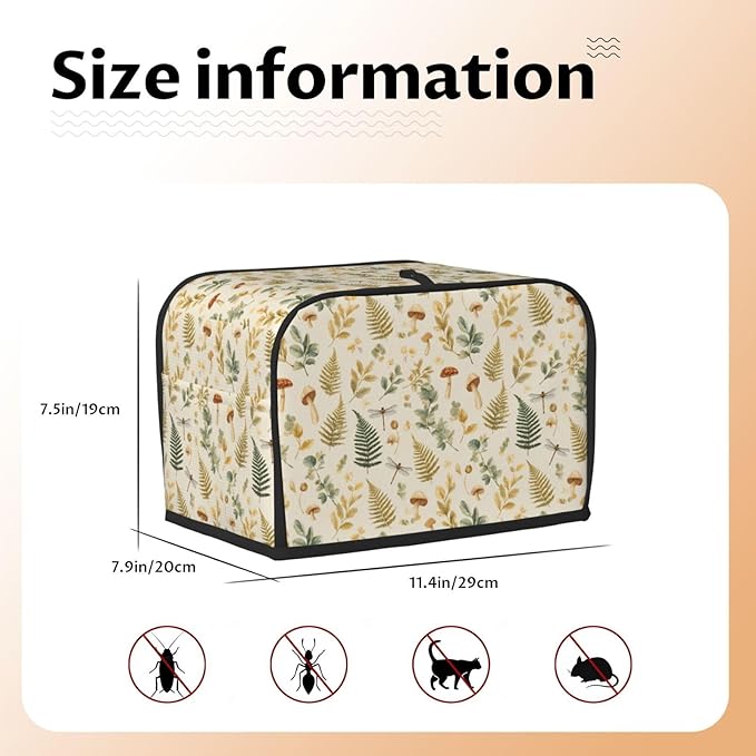 2 Slice Toaster Cover for Kitchen Mushroom Botanical Leaf aterproof and Dustproof Toaster Dust Cover with Side Pockets Decorative Universal Cover for Wide Slot Toasters and Small Appliances