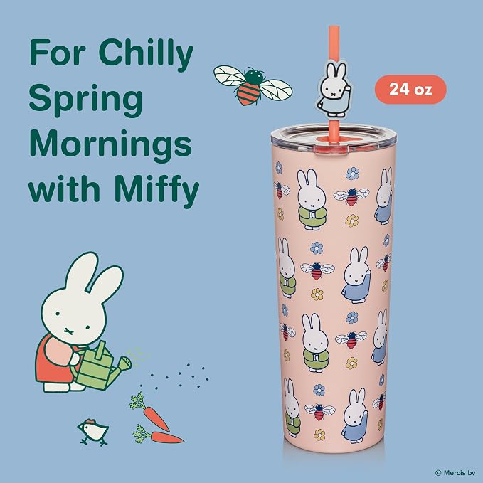 Dragon Glassware | Miffy Stainless Steel Tumbler with Straw, 24 oz - Pink | Vacuum Insulated Stainless Steel Tumbler with Straw & Lid; Double Walled Tumbler with Straw Charm; Miffy Cup with Lid