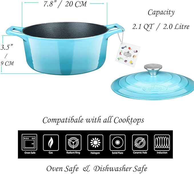 La Cuisine Enameled Cast Iron Dutch Oven Casserole Dish Pot with Lid, 2.1 QT 7.8" /20cm Dia. Internal Matt Black Enamel Coating, 2-tone Teal Enamel Exterior, Oven Safe up to 500° F for bread baking