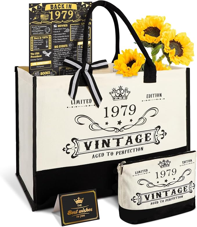 YeohJoy 47th Birthday Gifts for Women Canvas Tote Bag Travel Gear, Unique 47 Years Old Birthday Gifts for Mom Aunt Friends Wife Sister Her, Vintage 1979 Handbag & Cosmetic Bag & Back in 1979 Poster