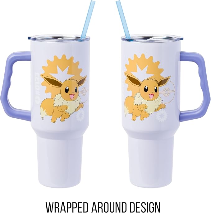 Silver Buffalo Pokémon Eevee Stainless Steel Tumbler with Handle, 40oz | Double-walled insulation, fits standard cup holder, secure lid with straw, travel friendly
