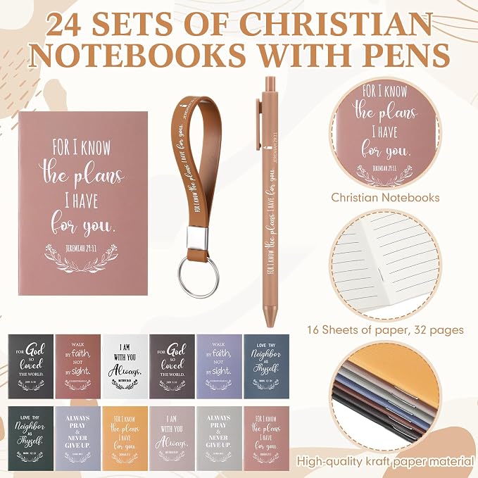 Willinglong 24 Sets Christian Gifts for Women Men 16 oz Reusable Bible Verse Cups with Lids Mini Spiral Notebooks Pens Keychain Card Religious Gift for Coworker Staff Team Church Sunday School