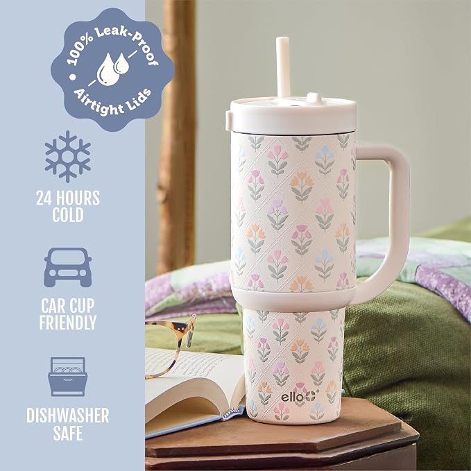 Ello Oasis 30 oz Tumbler with Handle & Retracting Straw | Reusable Insulated Stainless Steel Cup 100% Leakproof | Gifts for Teens Women | Keeps cold for 24 Hours | Cup Holder Friendly | Flower Quilt