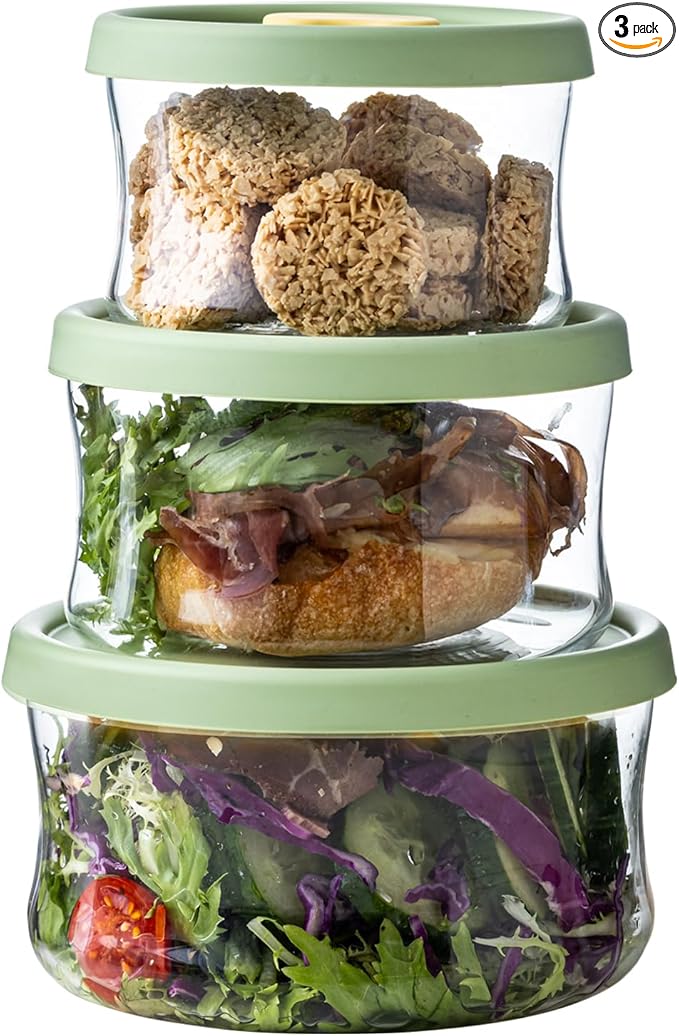Glass Food Storage Containers Set,with Lids, Leak-Proof Meal Prep Containers,for Storage soups and leftovers - BPA Free,Microwave, Dishwasher, Freezer Safe (Green 3PCS)