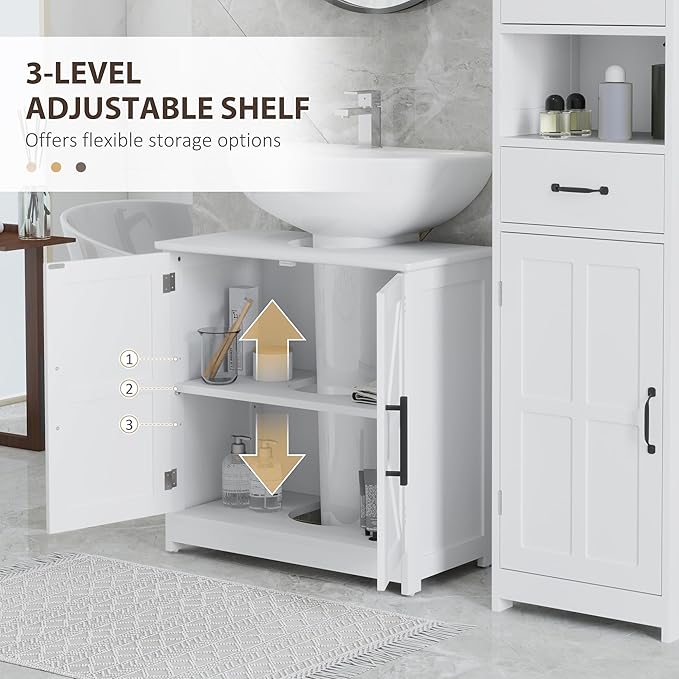 HOMCOM Pedestal Sink Storage Cabinet, Farmhouse Freestanding Bathroom Sink Cabinet with 2 Barn Doors and Adjustable Shelf, White