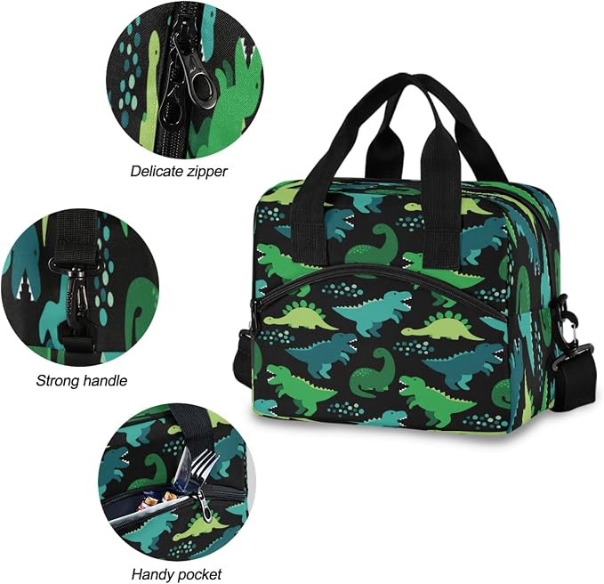 OREZI Green Diniosaur Lunch Bag for Boys Girls,Dinosaur Children Reusable Lunch Bags Lunch Box Container with Detachable Shoulder Strap,Insulated Lunch Coolers for School Work
