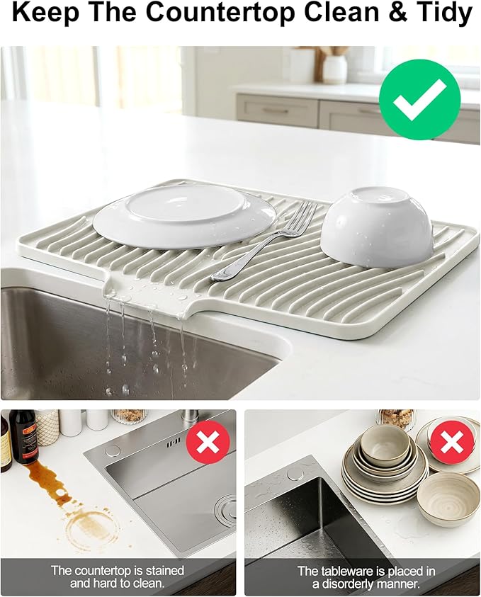Silicone Dish Drying Mat for Kitchen Counter, Non-Slip Drain Pad with Built-in Drain, Heat Resistant Dish Drying Pad, Multi-Use Drying Mat, Dishwasher Safe & Hangable, Cream, 19.7" x 15"
