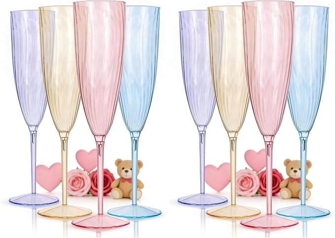 WDF 12PCS Colorful Plastic Champagne Flutes - 6 OZ Colorful Disposable Champagne Flutes - Perfect for Wedding Parties Birthday Valentines Day (Pack of 2)