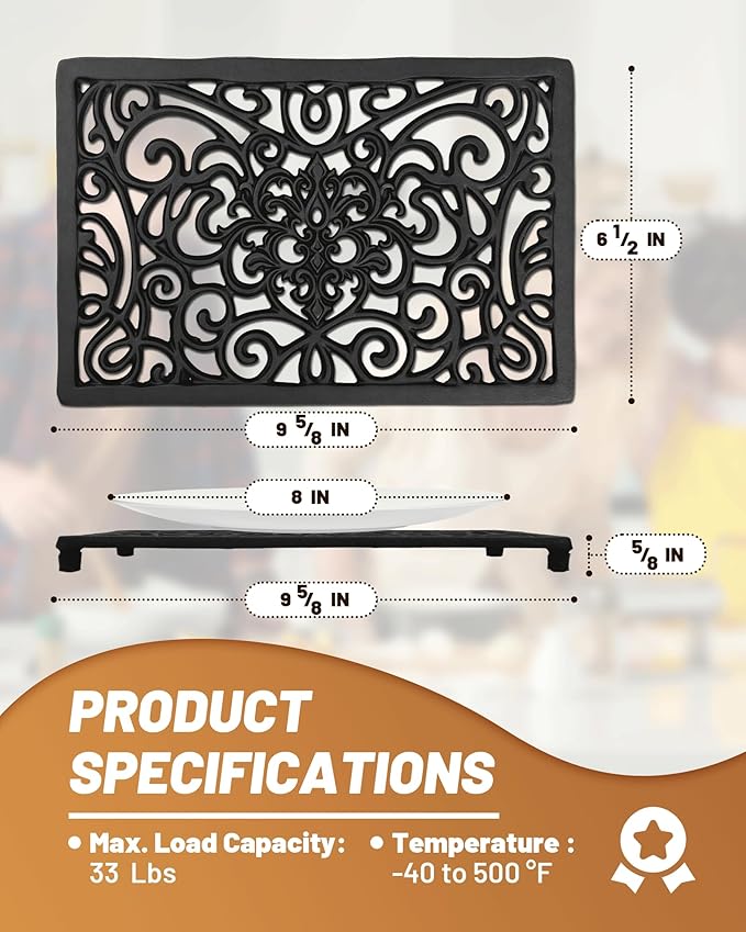 Black Rectangle Cast Iron Trivet 2-Pack for Kitchen & Dining - Heavy-Duty Hot Dish Pads, Decorative Heat Resistant Pot Holders with Raised Feet