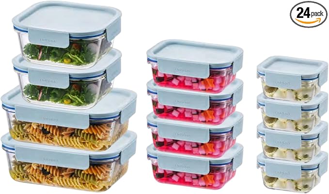 LocknLock LNG445S12M The Clear Heat-Resistant Borosilicate Glass Food Storage Set, 24-Piece (12 Containers + 12 Lids) - Mint
