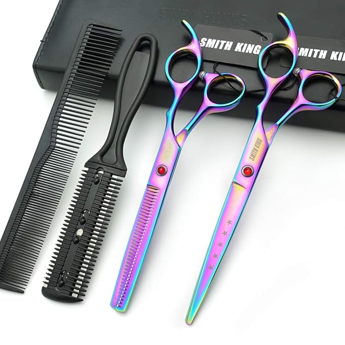 7.0 Inches Hair Cutting Scissors Set with Combs Lether Scissors Case,Hair cutting shears Hair Thinning shears For Personal and Professional (Rainbow)