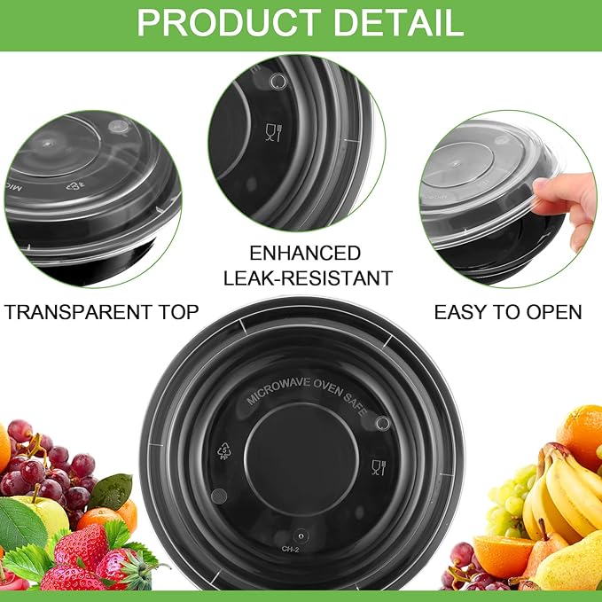 Nuenen 100 Pcs 16 oz Round Meal Prep Containers with Lids Plastic Containers Meal Prep Lunch Box Bowls Take out Food Storage Bento Box Microwavable Freezer Safe(Black)