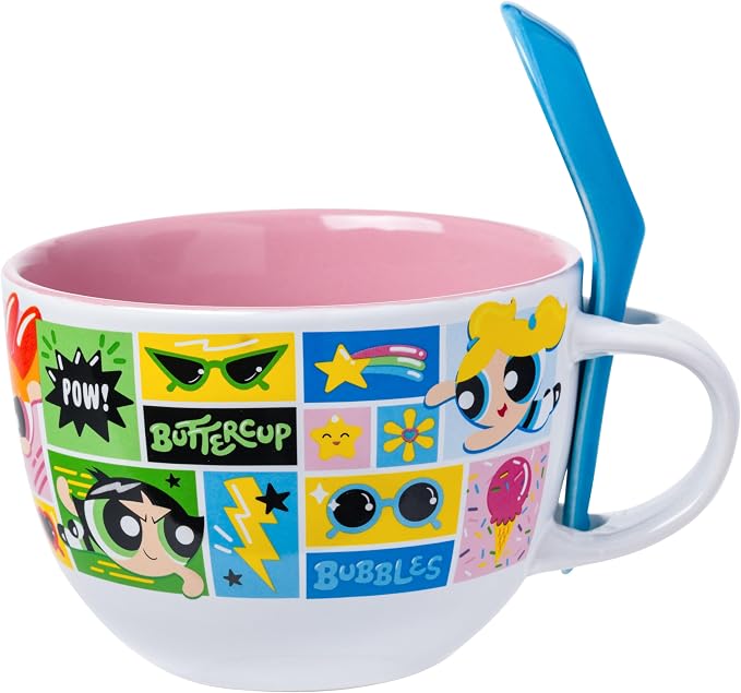 Silver Buffalo The Powerpuff Girls Comic Panels Featuring Bubbles, Blossom, and Buttercup Ceramic Soup Mug Spoon Set, 24 Ounces