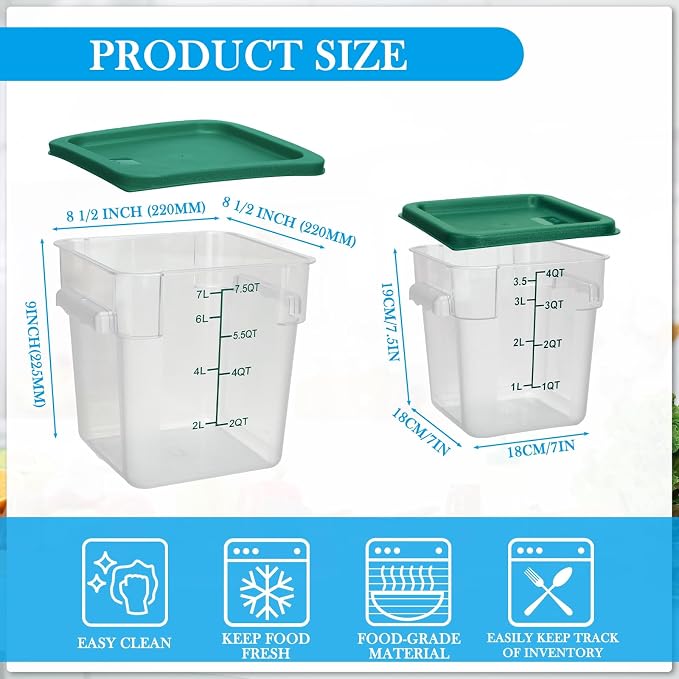 Lallisa 4 Pcs 8qt & 4qt Clear Food Storage Containers with Lids Handles and Scales, Stackable Plastic Square Food Storage Containers for Dough Proofing Baking Kitchen Restaurant(Green)