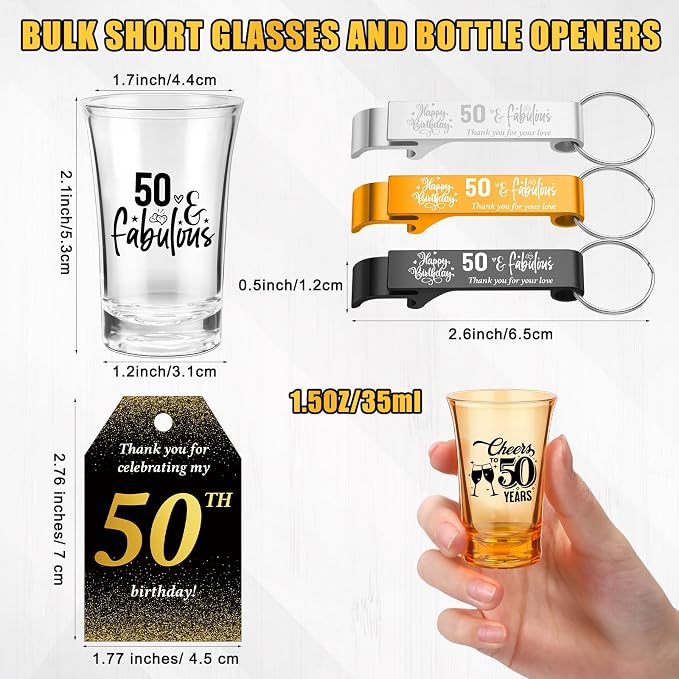 Domensi 50 Sets 50th Birthday Party for Guests Bulk Include Cheers to 50 Short Glasses Beer Bottle Opener Keychains Thank You Cards with Gift Bags and Ropes for Birthday Party Gifts