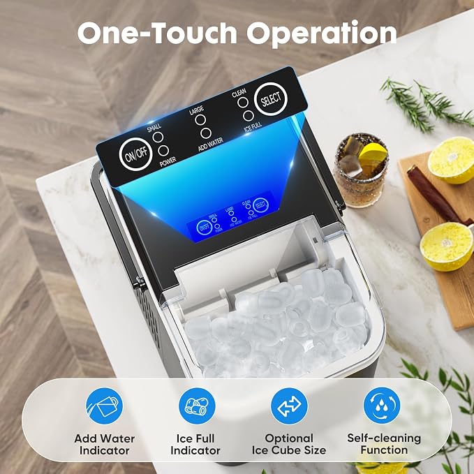 Hexago Countertop Ice Maker, 6-Min Fast Ice Machine with 2 Sizes Bullet Ice, Self-Cleaning Portable Ice Maker with Handle, 26.5 lbs/24H, Quiet Ice Maker for Home, Office, RV & Party
