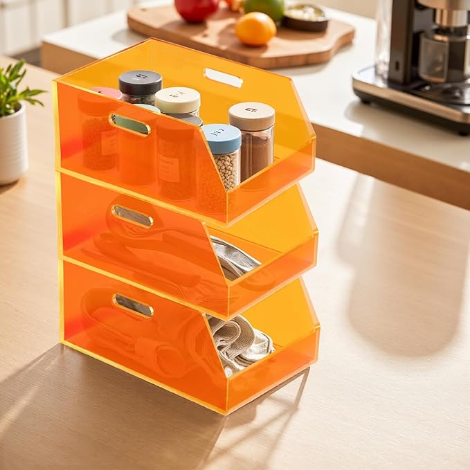 Gelite Stackable Storage Bins Open Front Organizer Bins with Handles Acrylic Storage Container for Pantry Kitchen Cabinet Bathroom Closet Office Organization, 15.4x11.4x6.7'', Neon Orange